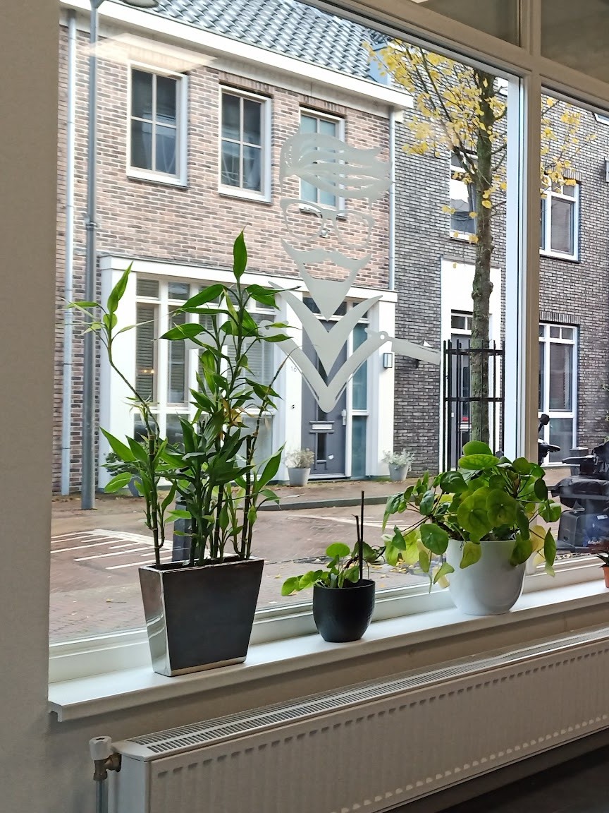 De etalage van binnenuit: planten op de vensterbank, het logo op het raam en de huizen aan de overkant